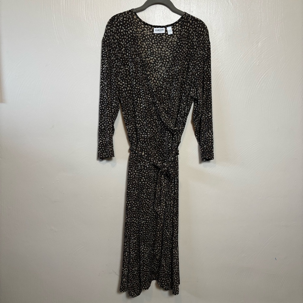 Chicos Travelers Womens Dress Faux Wrap Belted 3/4 Sleeve Stretch Leopard Size 3